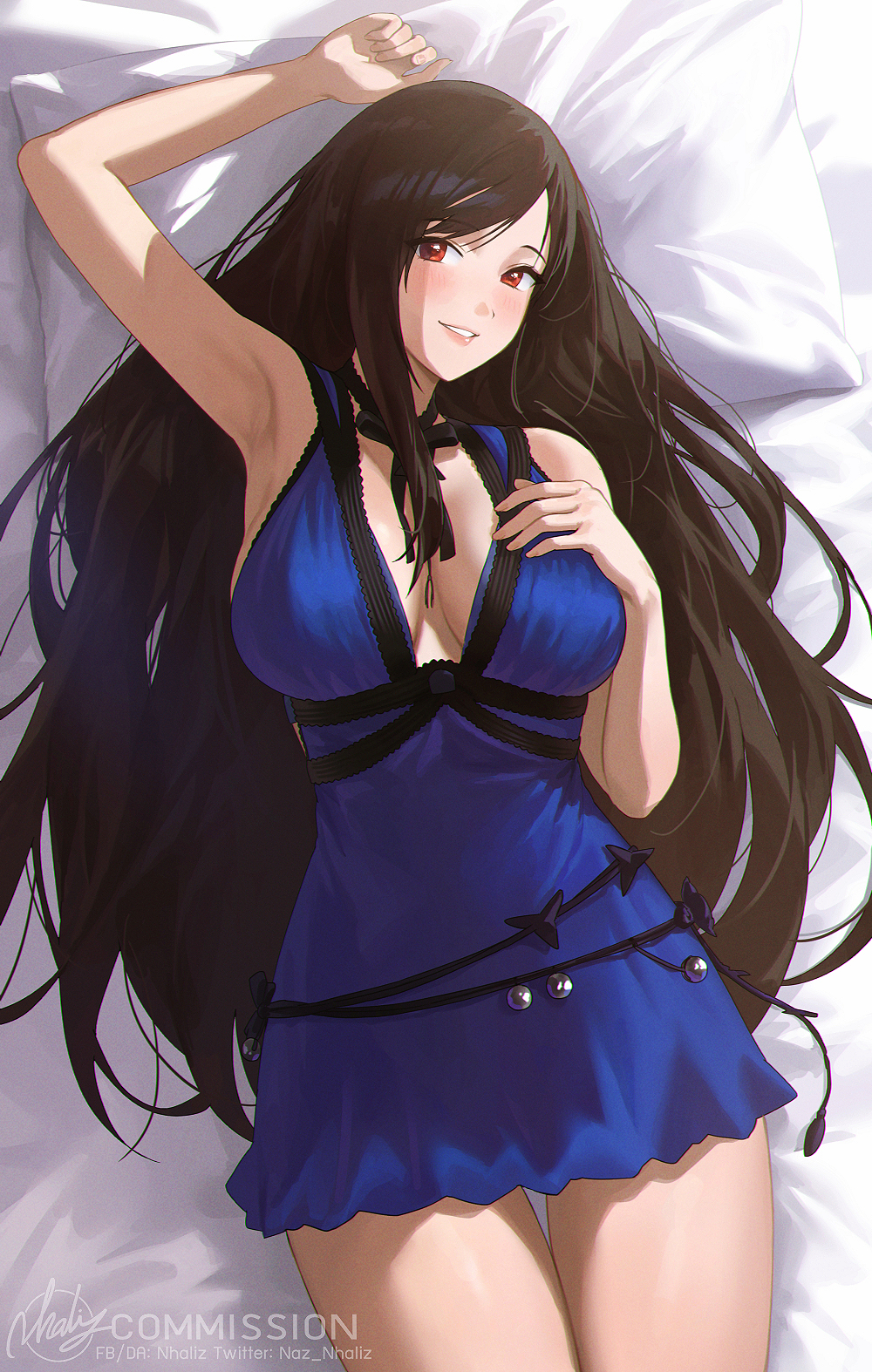 1girls arm_up armpits bed_sheet black_hair blue_dress blush breasts cleavage cowboy_shot dress female final_fantasy final_fantasy_vii final_fantasy_vii_remake highres large_breasts latex lips long_hair looking_at_viewer lying neck_ribbon nhaliz official_alternate_costume on_back parted_lips pillow red_eyes ribbon solo square_enix swept_bangs tifa_lockhart tifa_lockhart's_refined_dress very_long_hair