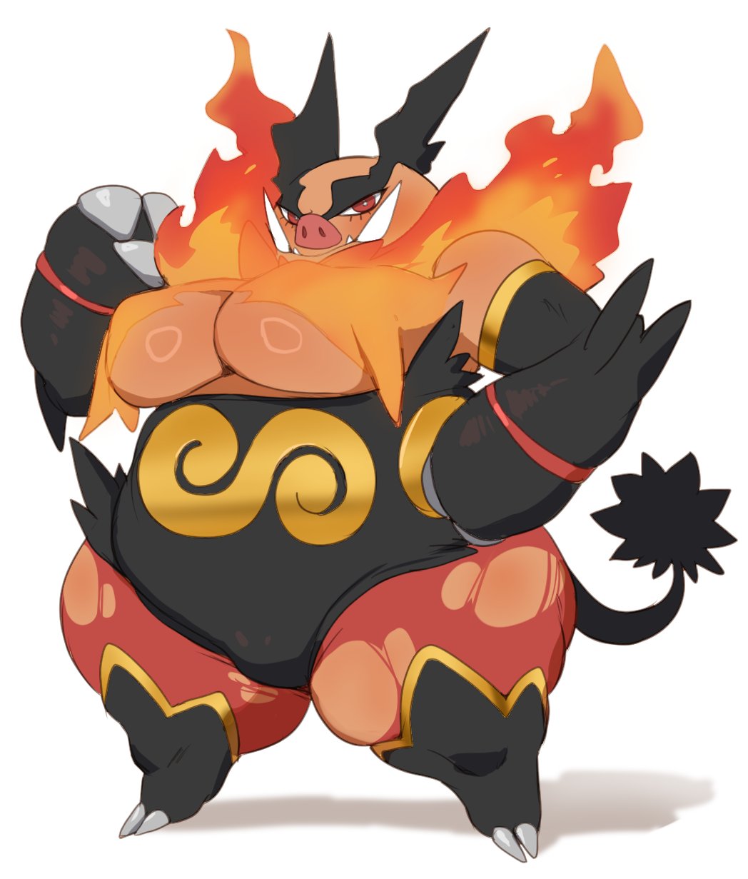 1female big_breasts emboar fangs female female_only fire generation_5_pokemon hand_on_hip lightsource looking_at_viewer mammal nintendo no_humans pokémon_(species) pokemon red_eyes smiling smiling_at_viewer solo white_background