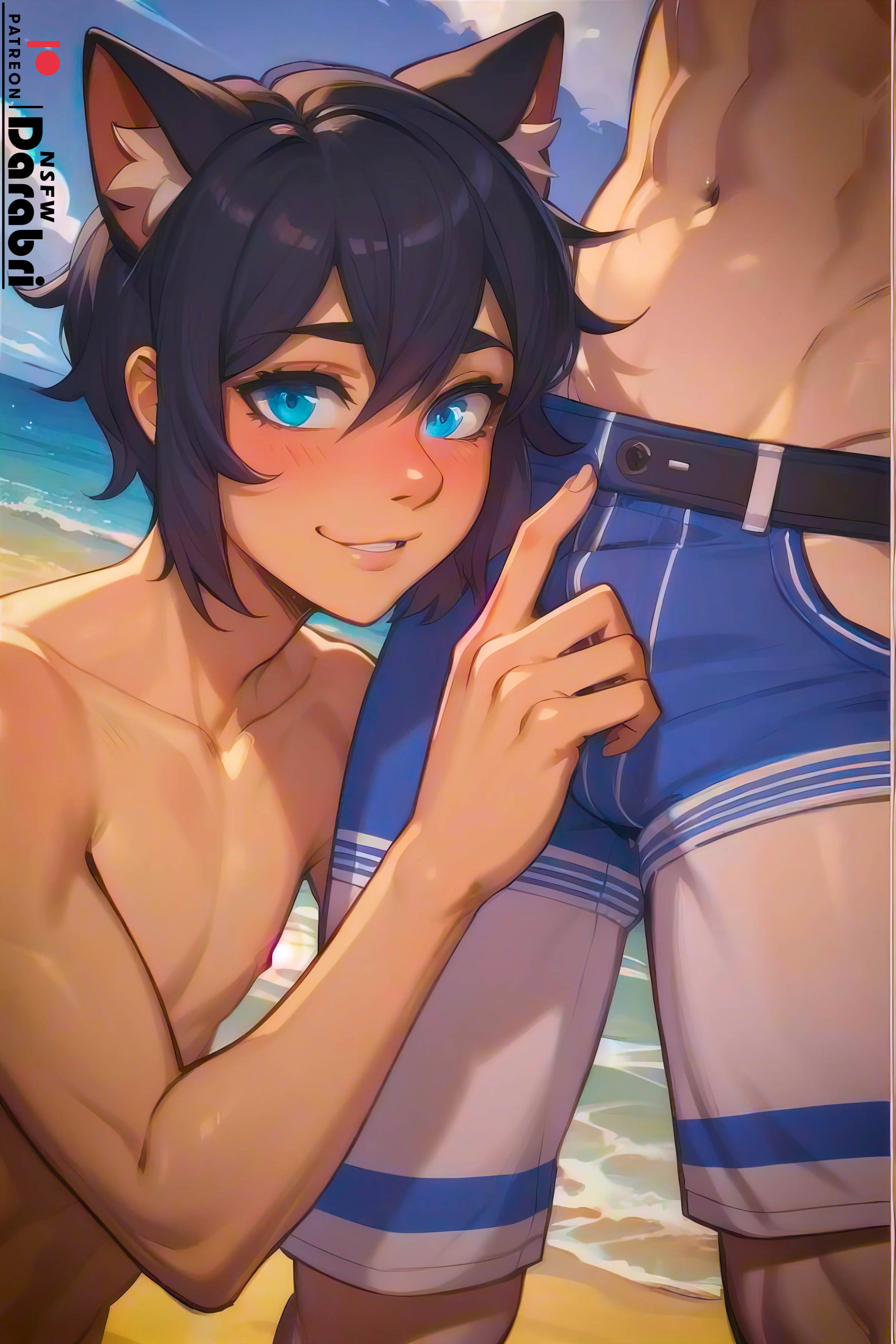 2boys, abs, abstract background, ai generated, beach, black hair, blue eyes, blush, cat boy, cat ears, catboy, close up, cute, darabri, femboy, feminine male, flushed, girly, logo, male, medium hair, open smile, otoko no ko, patreon, patreon logo, penis, shorts, solo focus, topless, touching penis, trap