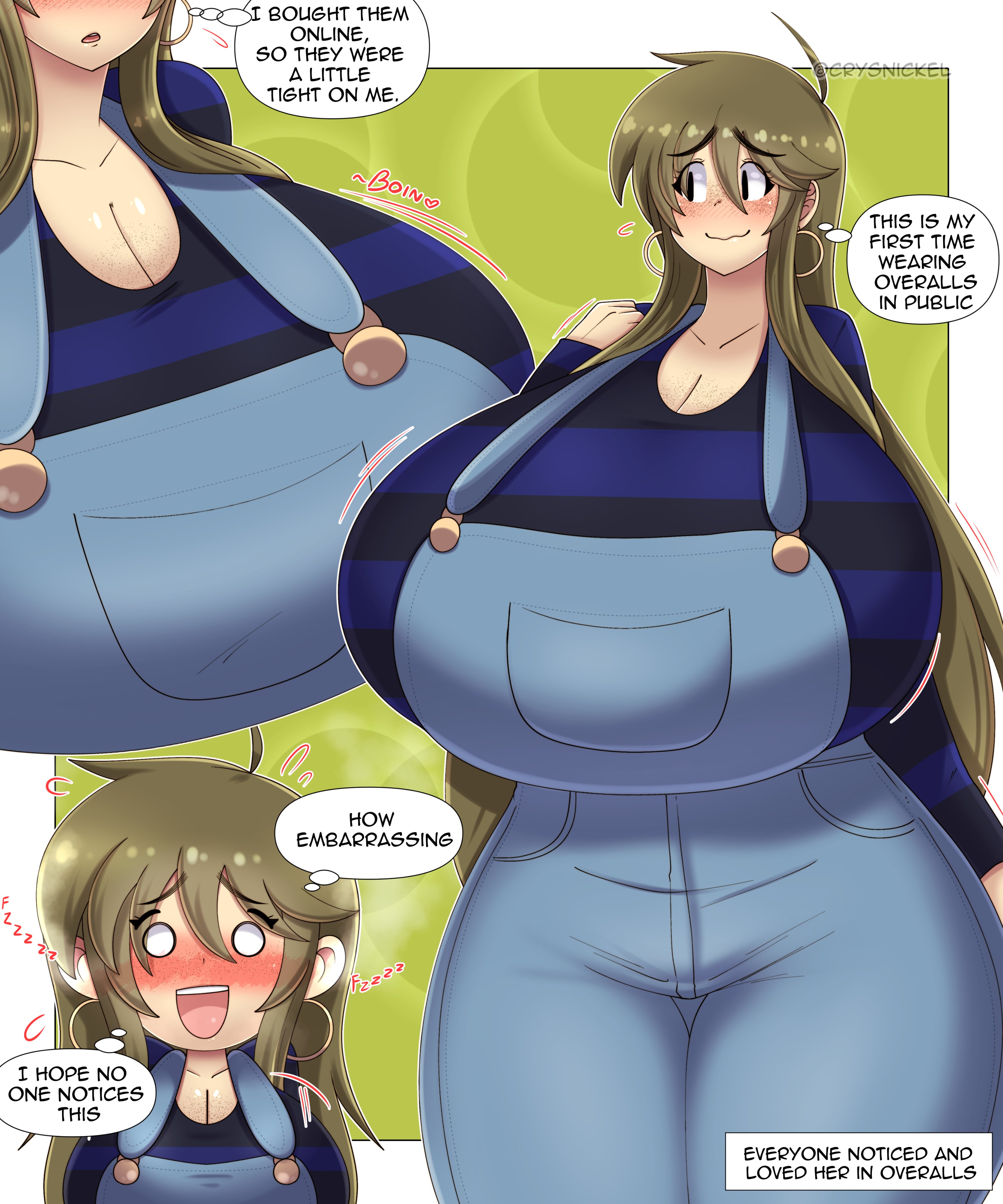 1girls, big breasts, breasts, cloe (crysnickel), crysnickel, female, female focus, female only, giant breasts, gigantic breasts, huge breasts, large breasts, massive breasts, overalls, tagme, text