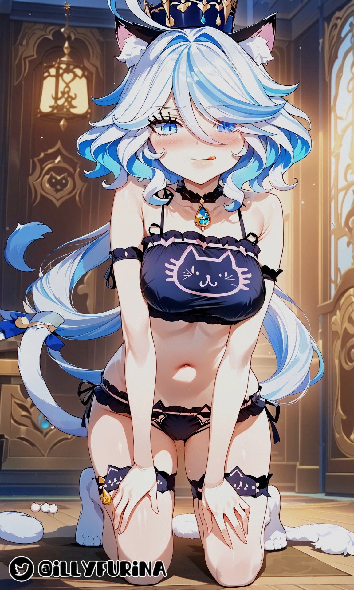ai generated, blue eyes, blue hair, breasts, cat ears, cat girl, cat lingerie, cat tail, catgirl, catsuit, female, female focus, female only, flushed, furina (genshin impact), genshin impact, huge breasts, illyfurina, paws, seductive, skinny, skinny female, squatting, tail, thick thighs, thighhighs, tongue, tongue out