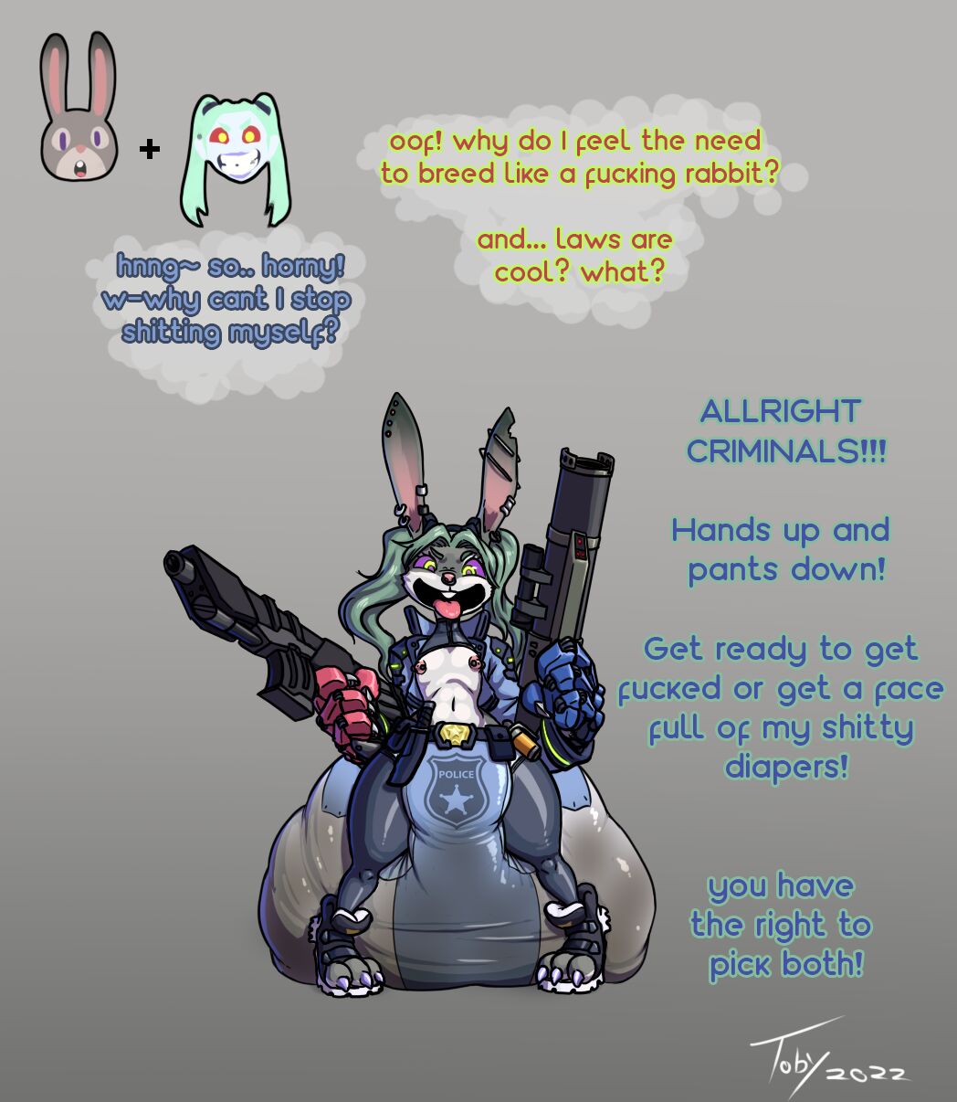 1futa, 2girls, bulge, caption, cyberpunk 2077, cyberpunk: edgerunners, diaper, female, fusion, futa focus, futa only, futadom, futanari, intersex, judy hopps, messing, messy diaper, rebecca (edgerunners), scat, solo, solo focus, toby art, weird crossover, zootopia