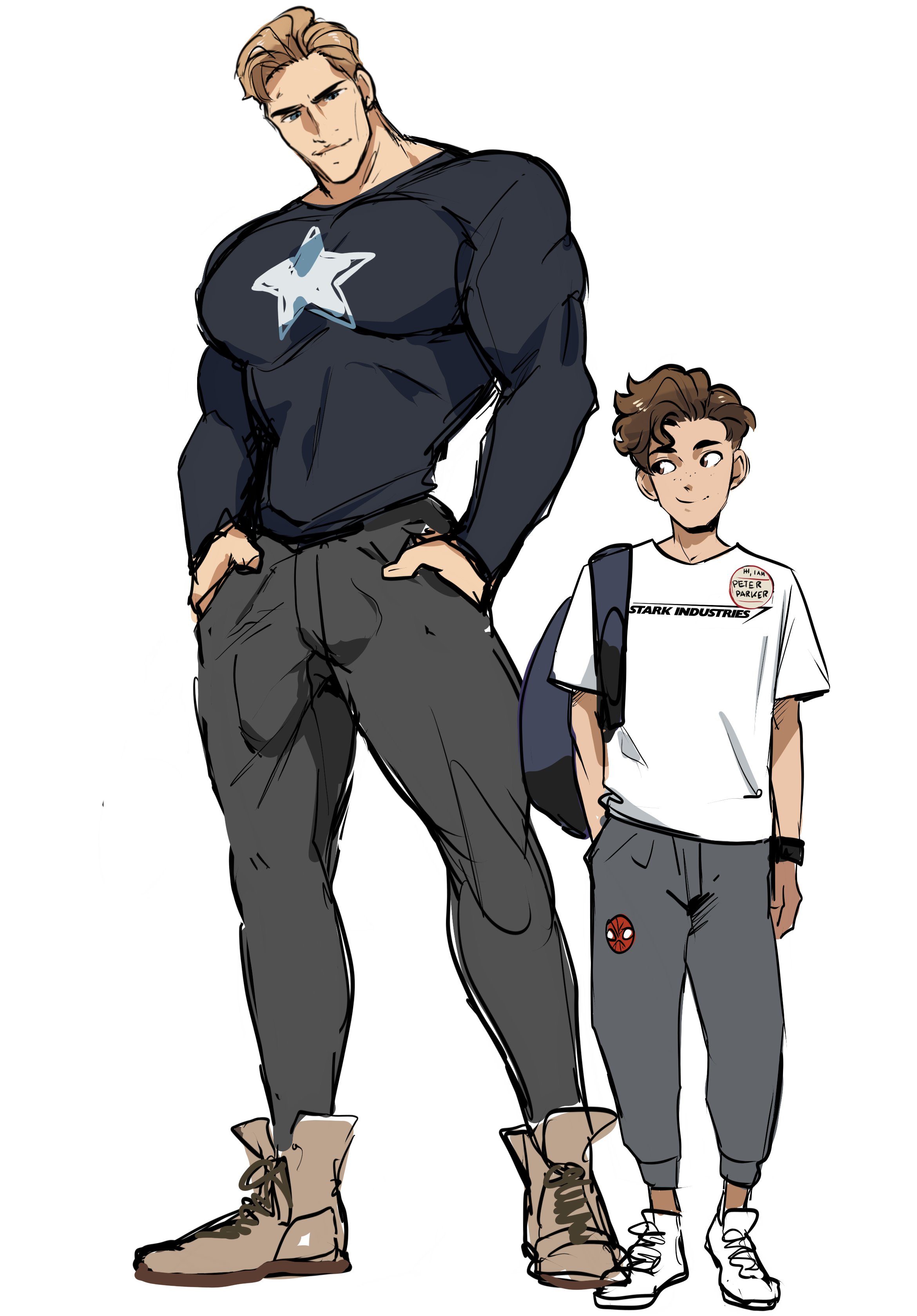 2boys, bara, big bulge, blonde hair, brown hair, bulge, captain america, captain america (series), clothing, daddy, dilf, gay, huge bulge, idoraad, lilprincyvi, male, male only, male/male, marvel, marvel comics, masculine male, mature male, penis, penis outline, peter parker, spider-man, spider-man (series), steve rogers, teenage male, tight clothing, twink, yaoi, younger male