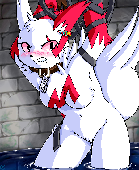 anthro black_nose blush bondage bound breasts clenched_teeth collar color female female_only front_view fur furry furry_breasts furry_only furry_tail g-sun indoors nude open_eyes pink_eyes pokemon pokemon_(species) raised_arms red_fur solo tail water white_fur zangoose