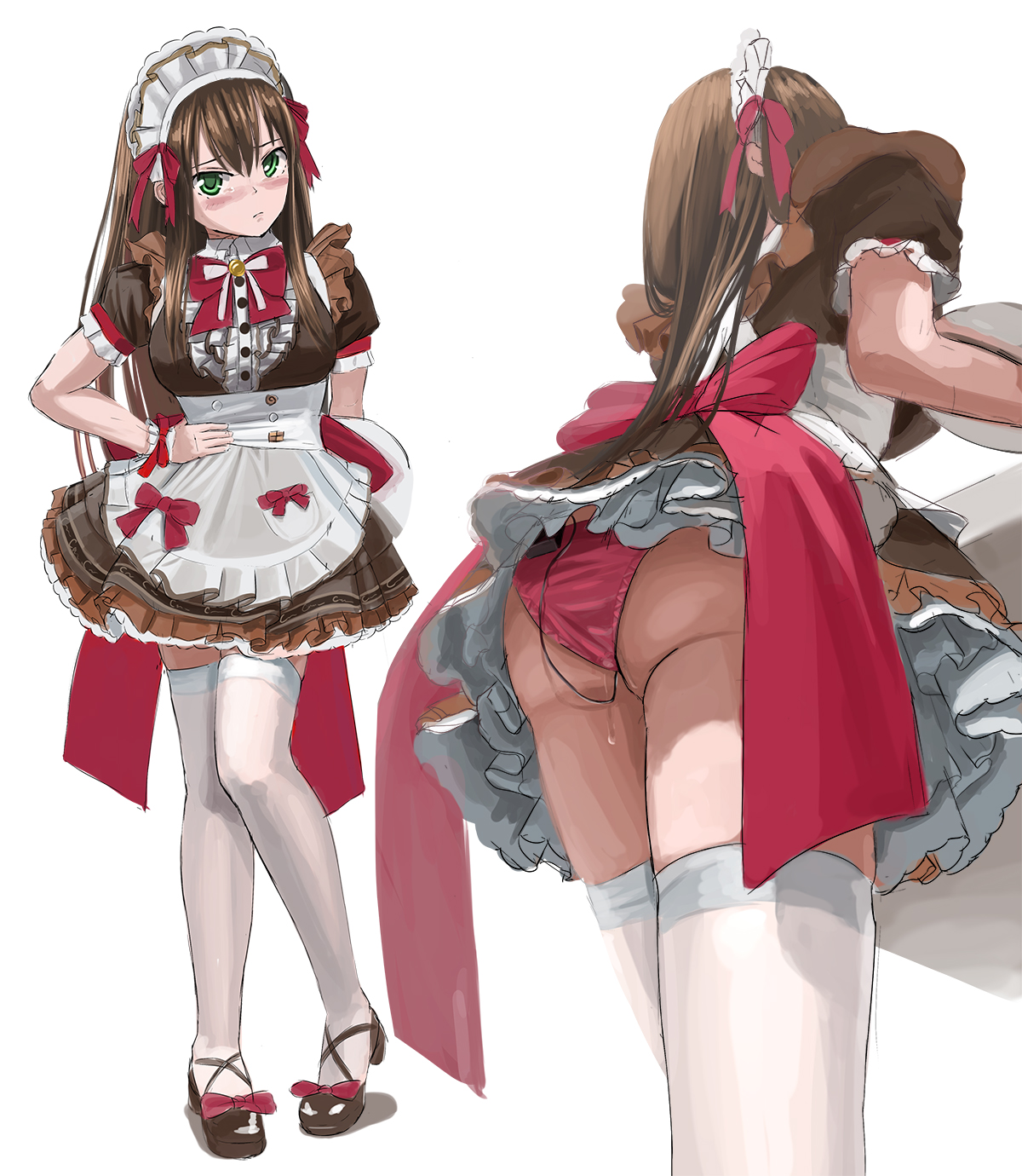 1girls, clothing, discreet vibrator, female, female focus, female only, fleda, hidden, idolmaster, idolmaster cinderella girls, maid, maid headdress, maid uniform, panties, pantyshot, shimamura uzuki, stockings, tagme, vibrator, video games