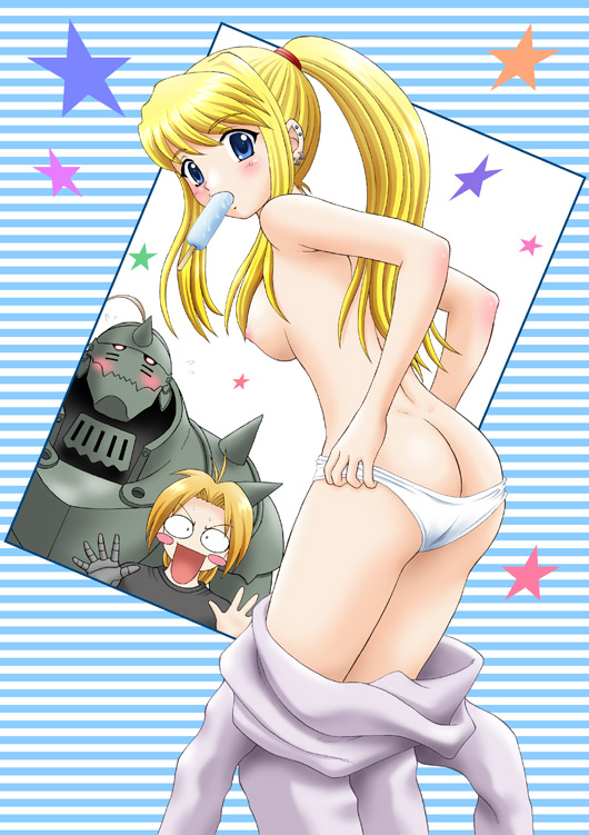 armor ass blonde_hair blue_eyes blush blush_stickers breasts dimples_of_venus earrings edward_elric female fullmetal_alchemist human jewelry looking_back mouth_hold panties pants_down panty_pull ponytail popsicle striped striped_background tied_hair topless underwear undressing white_panties winry_rockbell yasu_rintarou