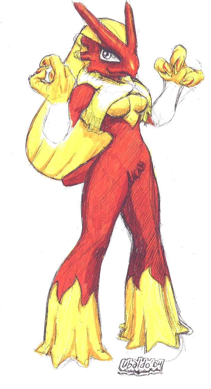 2004 blaziken breasts color female female_only hair pokemon pokemon_(species) solo standing tagme ubaldo yellow_hair