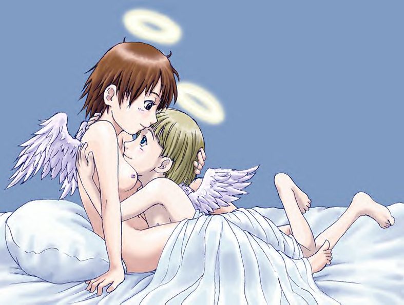 2girls angel barefoot bed bed_sheet breasts female flat_chest haibane haibane_renmei hug jpeg_artifacts kuu multiple_girls naked_sheet nude pillow rakka static_cling under_covers wings yuri