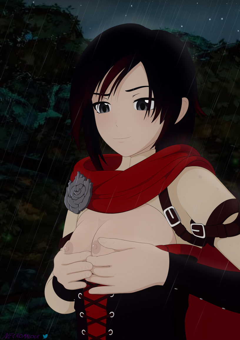 black eyes, black hair, breasts, female, flashing, necromalock, nipples, outdoors, red hair, ruby rose, rwby, silver eyes, tagme