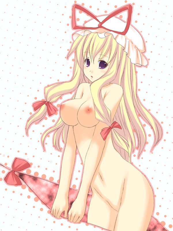 1girls blonde_hair blush breasts female gap hair_ribbon hat kaneru long_hair mound_of_venus navel nude purple_eyes ribbon ribbons solo touhou yukari_yakumo