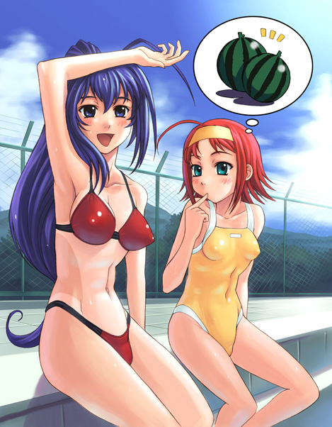 aqua_eyes arm_up armpit armpits bikini blue_eyes blue_hair breast_envy breasts cameltoe cleavage female female_only fence finger_to_mouth food fruit green_eyes hairband hayase_mitsuki jealous kimi_ga_nozomu_eien large_breasts long_hair lowres multiple_girls navel one-piece_swimsuit orange_hair pool red_hair sitting skin_tight spoken_food suzumiya_akane swimsuit tan tanline watermelon yasuomi