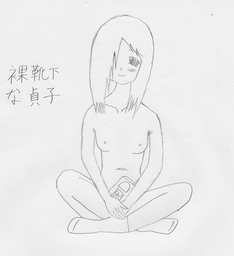 blush crossed_legs female hair_over_one_eye large_breasts monochrome nude sitting sketch smile solo the_ring traditional_media_(artwork) vhs vhs_tape yamamura_sadako