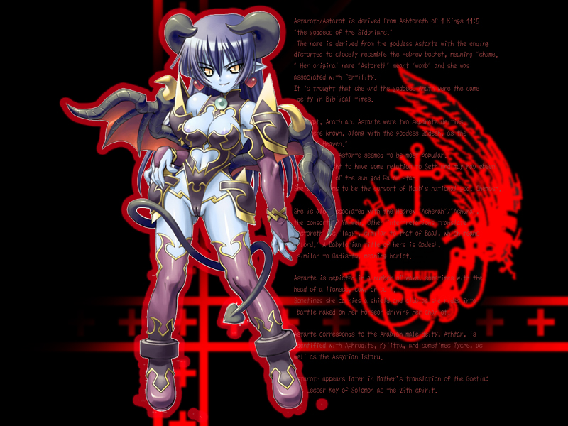 areola_slip astaroth astaroth_(shinrabanshou) black_sclera blue_skin breasts clothing demon_girl demon_horns demon_tail demon_wings earrings female_only higuchi_isami horns jewelry medium_breasts pointy_ears shinrabanshou solo solo_female stockings tail thighhighs wings young