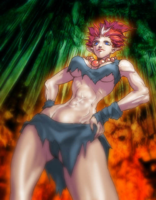 akuma beige_skin blue_eyes breasts capcom closed_mouth clothes color female female_only front_view gouki hands_on_hips human midnight_bliss necklace open_eyes panties pantyshot pointy_ears red_hair rule_63 skimpy_clothes solo standing straight_hair street_fighter torn_clothes underboob underwear