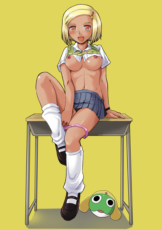 angol_mois breasts dark-skinned_female dark_skin female female_only footwear gyaru keroro_gunsou kogal loose_socks mk_(mod0) moa pleated_skirt school_uniform serafuku shirt_lift skirt socks solo sweater_vest