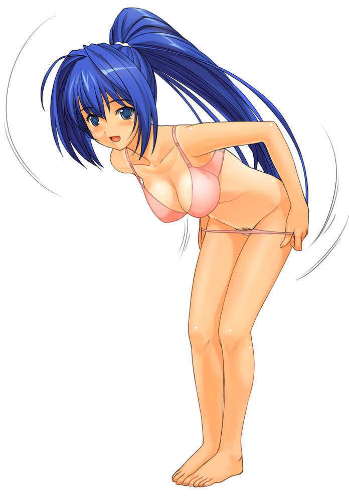 a1 barefoot blue_eyes blue_hair feet hayase_mitsuki kimi_ga_nozomu_eien leaning_forward lingerie long_hair mound_of_venus panties panty_pull pink_panties ponytail pubic_hair solo tied_hair underwear undressing