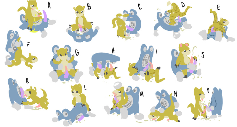 anthro argon_vile color furry interspecies male male_only multiple_males nintendo pokémon_(species) pokemon poliwhirl sandshrew white_background yaoi