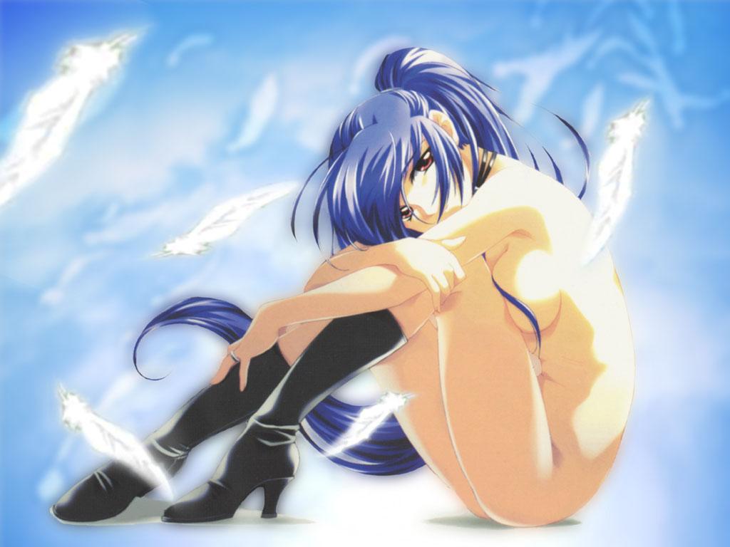 1girls blue_eyes blue_hair boots breasts brown_eyes feathers female hayase_mitsuki high_heels kimi_ga_nozomu_eien long_hair mitsuki_hayase naked_footwear nude ponytail shoes solo tied_hair wallpaper