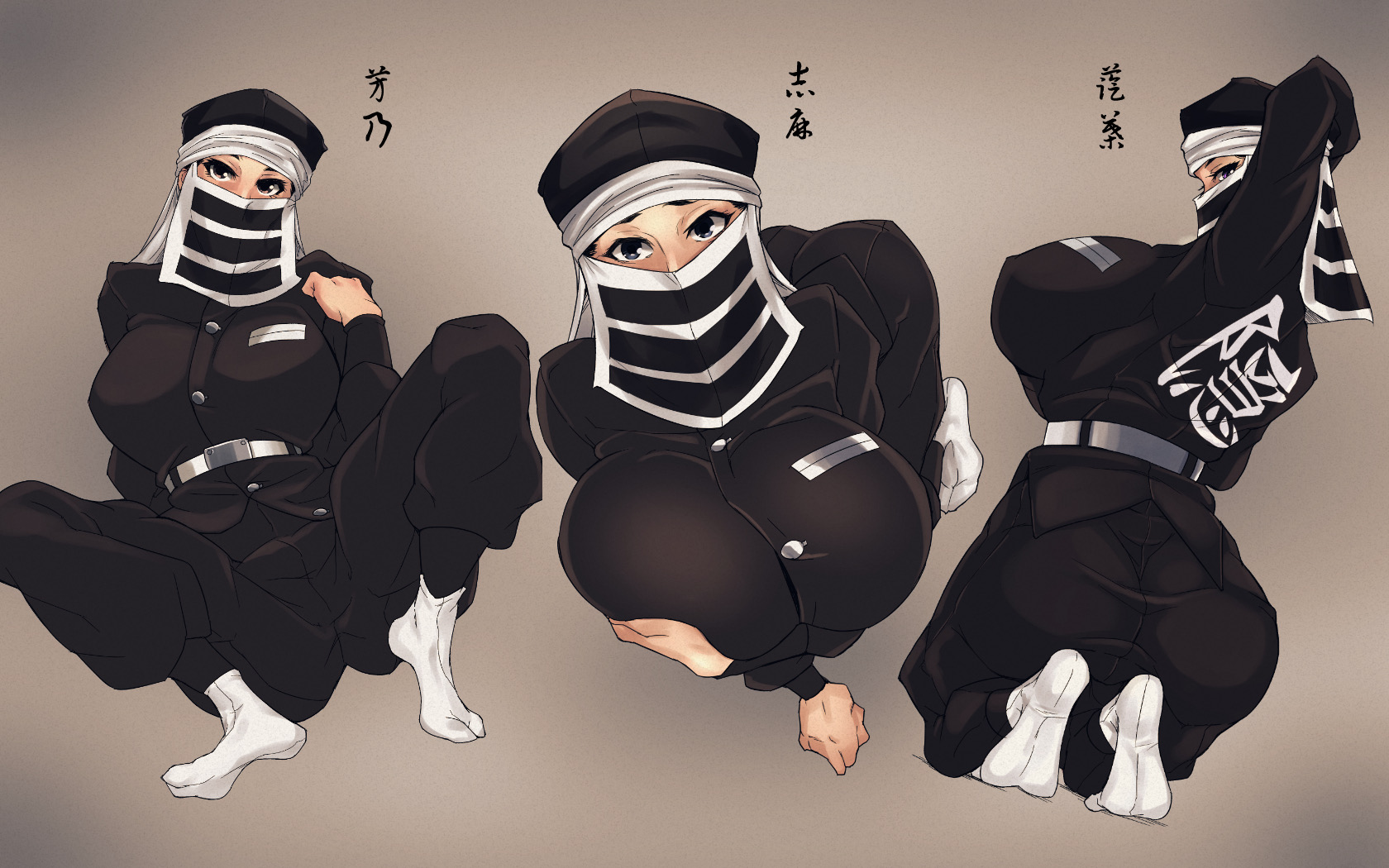 big breasts, breasts, demon slayer, face covered, female, female only, full body, fully clothed, kakushi (kimetsu no yaiba), kimetsu no yaiba, kneeling, looking at viewer, mask, mouth mask, shiva (tairakuten), tabi, uniform, veil
