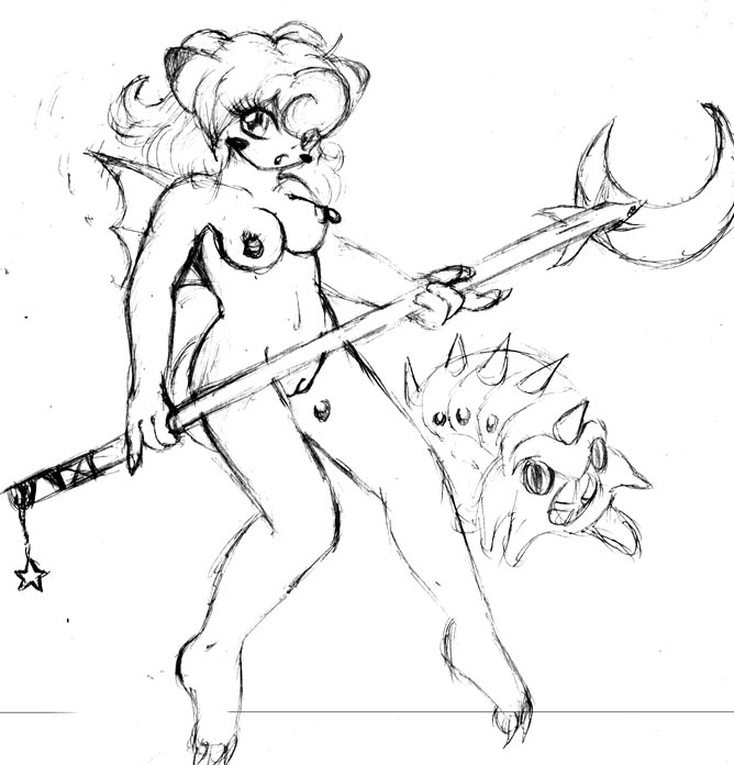 anthro artist_request barefoot breasts claws clefairy female hair holding interspecies monochrome nintendo nipples nude omastar pokemon pussy simple_background sketch staff standing unknown_gender vulva white_background wings