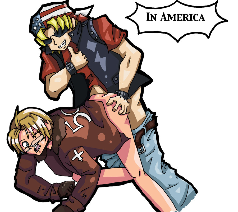 2boys alfred_jones america_(hetalia) axis_powers_hetalia bandit_keith crossover gay male male_only white_background yaoi yu-gi-oh!