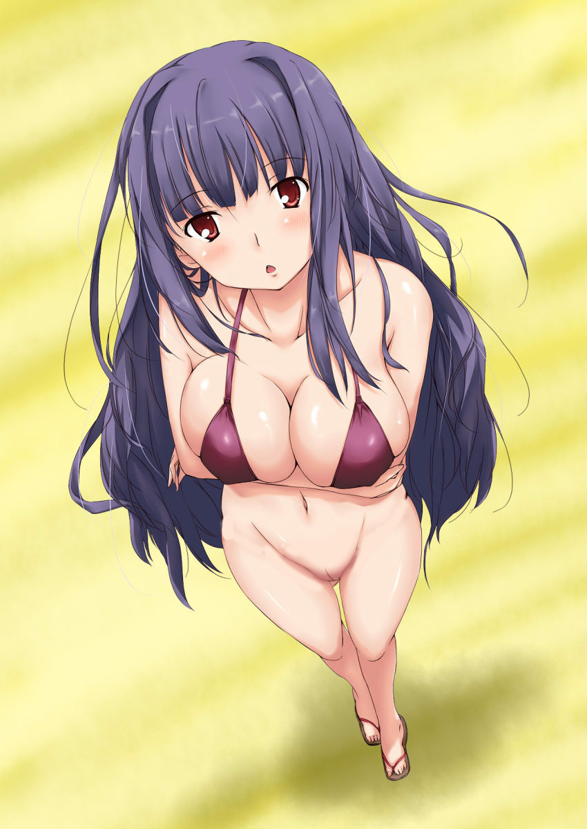 arms_under_breasts big_breasts bikini bikini_top black_hair blush blushing blushing_at_viewer bottomless bottomless_female breast_hold breast_rest cleavage crossed_arms edit female_only from_above large_breasts long_hair looking_at_viewer nipple_bulge oda_raika open_mouth papa_no_iukoto_wo_kikinasai! purple_hair pussy red_eyes sandals simple_background solo_female viewed_from_above yellow_background