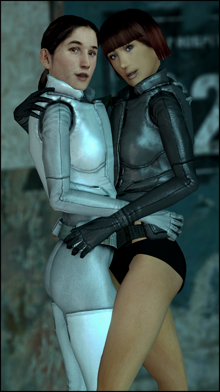 2girls 3d ass black_hair blue_eyes brown_eyes brown_hair combine_assassin female female_only half-life half-life_(series) half-life_2 half-life_2_beta hand_on_hip happy human human_female human_only looking_at_viewer multiple_girls oc_character original_character short_hair sideboob smile smiling smiling_at_viewer tagme transhuman vandel