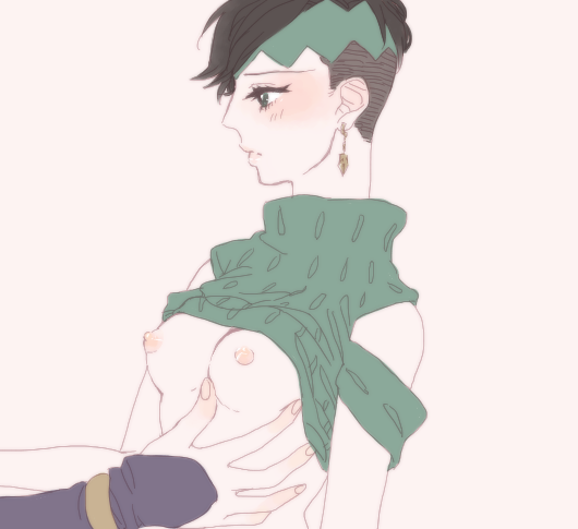 beige_skin black_hair breasts clothes color diamond_is_unbreakable ear_piercing female green_eyes hair human jojo's_bizarre_adventure josuke_higashikata nipples open_eyes piercing rohan_kishibe round_ears rule_63 shirt_lift short_hair shounen_jump side_view undercut unknown_gender yuo