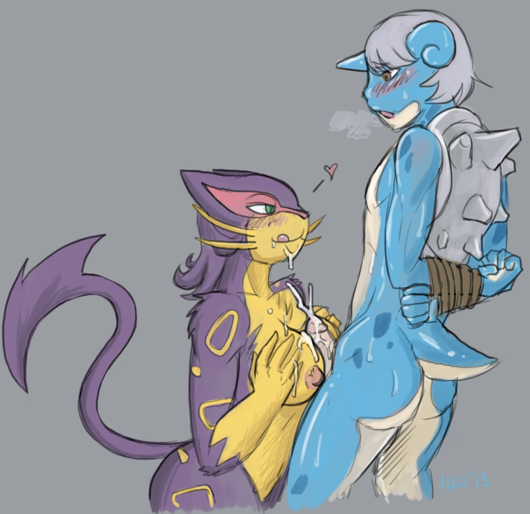 anthro ass blue_skin bound breasts female femdom fur grey_shell illuminatii interspecies lapras liepard male nipples paizuri pokemon purple_fur shell side_view standing straight tagme tail yellow_fur