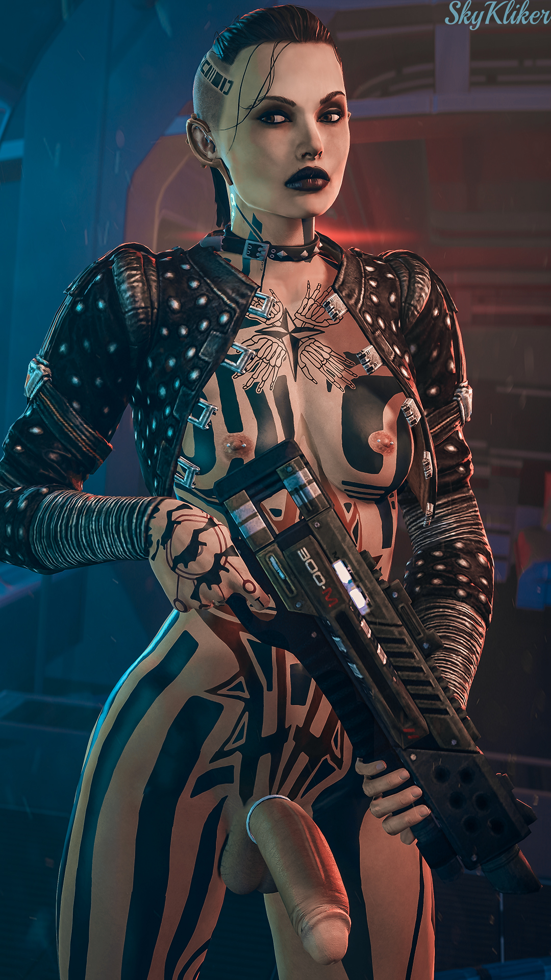 1futa, 3d, areolae, balls, breasts, erect nipples, futa only, futa sans pussy, futanari, half-erect, intersex, jack (mass effect), large penis, looking at viewer, mass effect, nipples, nude, penis, skykliker, small breasts, solo, solo futa, source filmmaker, tattoo