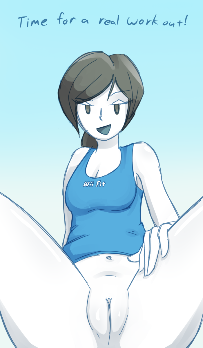 1girls bottomless clitoris female navel nintendo pussy shirt soapmonster solo spread_legs tagme text wii_fit wii_fit_trainer