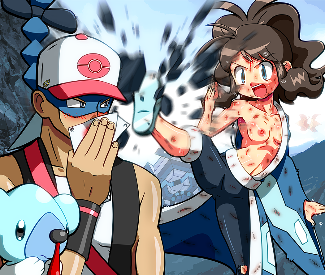 baseball_cap beige_skin blood breasts brown_hair brycen brycen_(pokemon)_(cosplay) clothes cryogonal cubchoo cyan_fur female feral fur hachiku_(pokemon) hair hat hilda_(pokemon) human interspecies kicking male mask nipples nosebleed pokemon raised_leg rorretsim round_ears size_difference tagme tan_skin