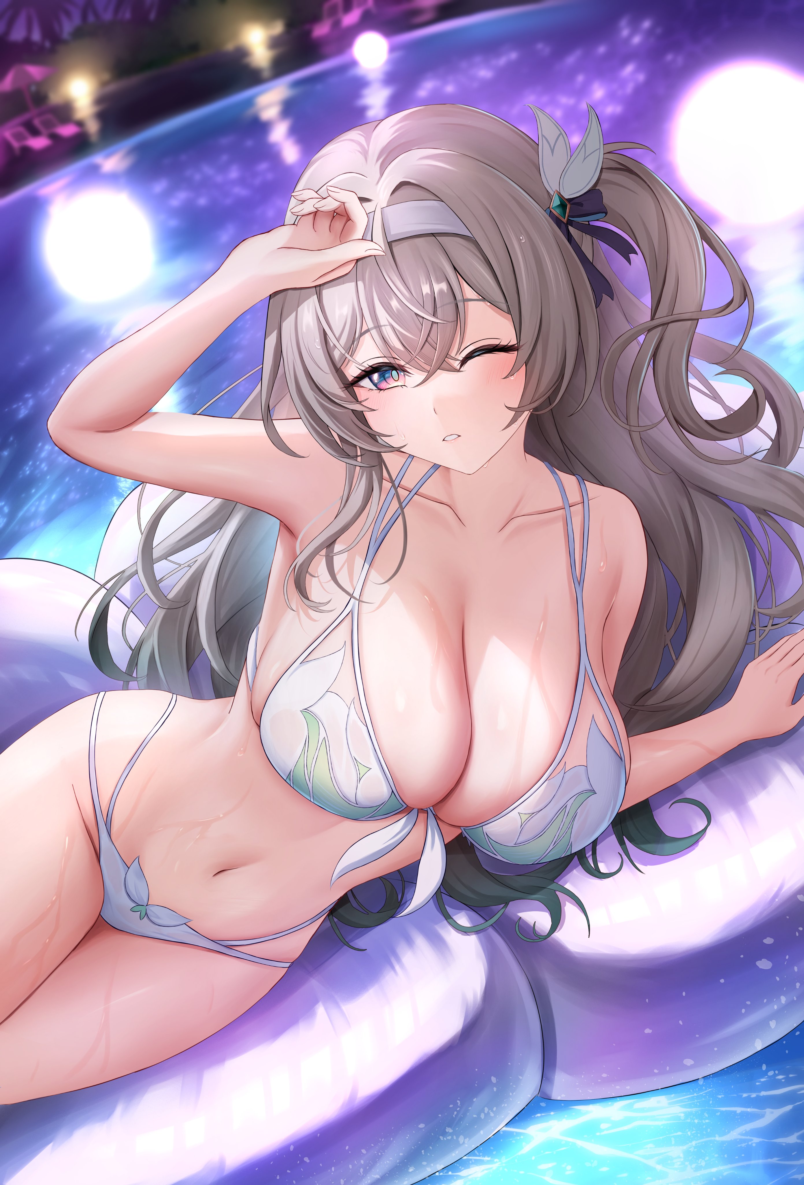 1girls, bikini, female, firefly (honkai: star rail), floatie, honkai: star rail, lying down, multicolored eyes, multicolored hair, night, one eye closed, pool, poolside, shouhaku0512