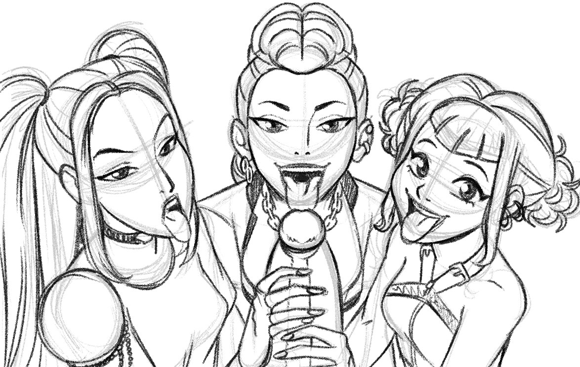 1boy, 3girls, aeolus06, blowjob, breasts, digital drawing (artwork), digital media (artwork), fellatio, female, foursome, half demon, half-demon, human, kpop demon hunters, male, mira (kpop demon hunters), multiple females, multiple girls, rumi (kpop demon hunters), zoey (kpop demon hunters)
