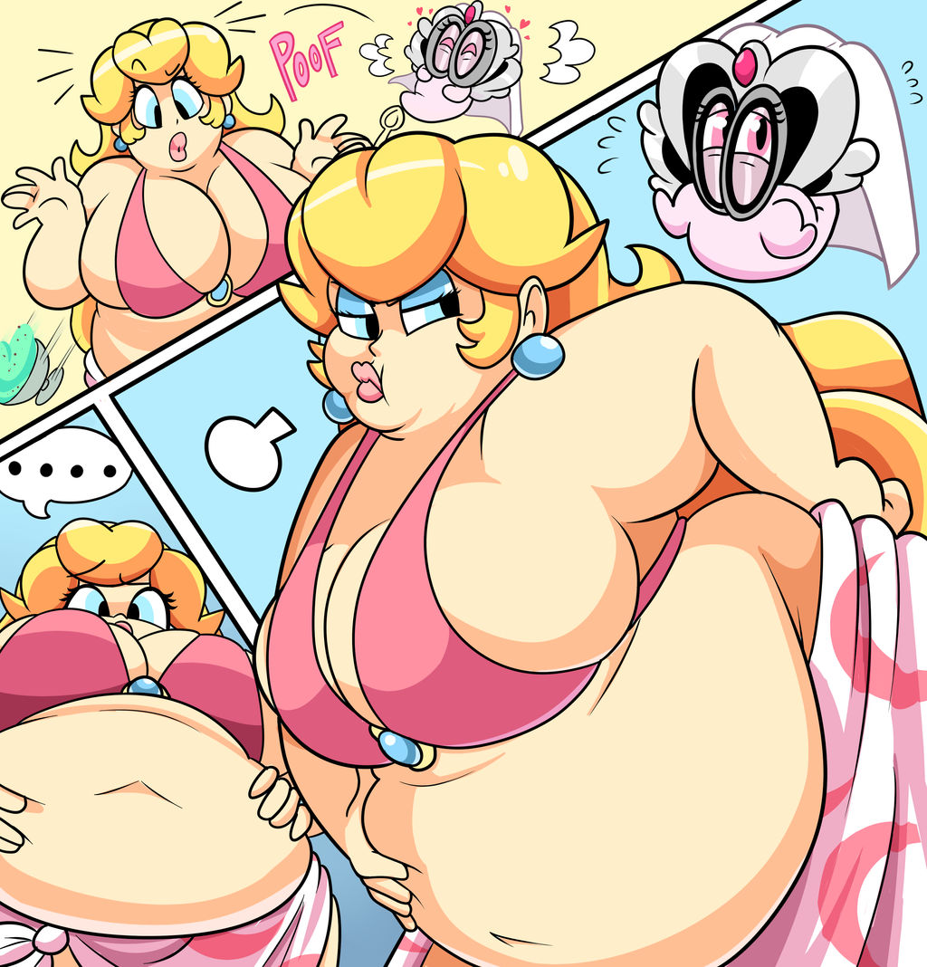 annoyed, bbw, belly, blonde hair, chubby female, earrings, fat, fat female, fat fetish, female, huge belly, mario (series), poof, princess, princess peach, princess peach (swimwear), super mario odyssey, superspoe, tiara, tiara (mario), weight gain, weight gain sequence