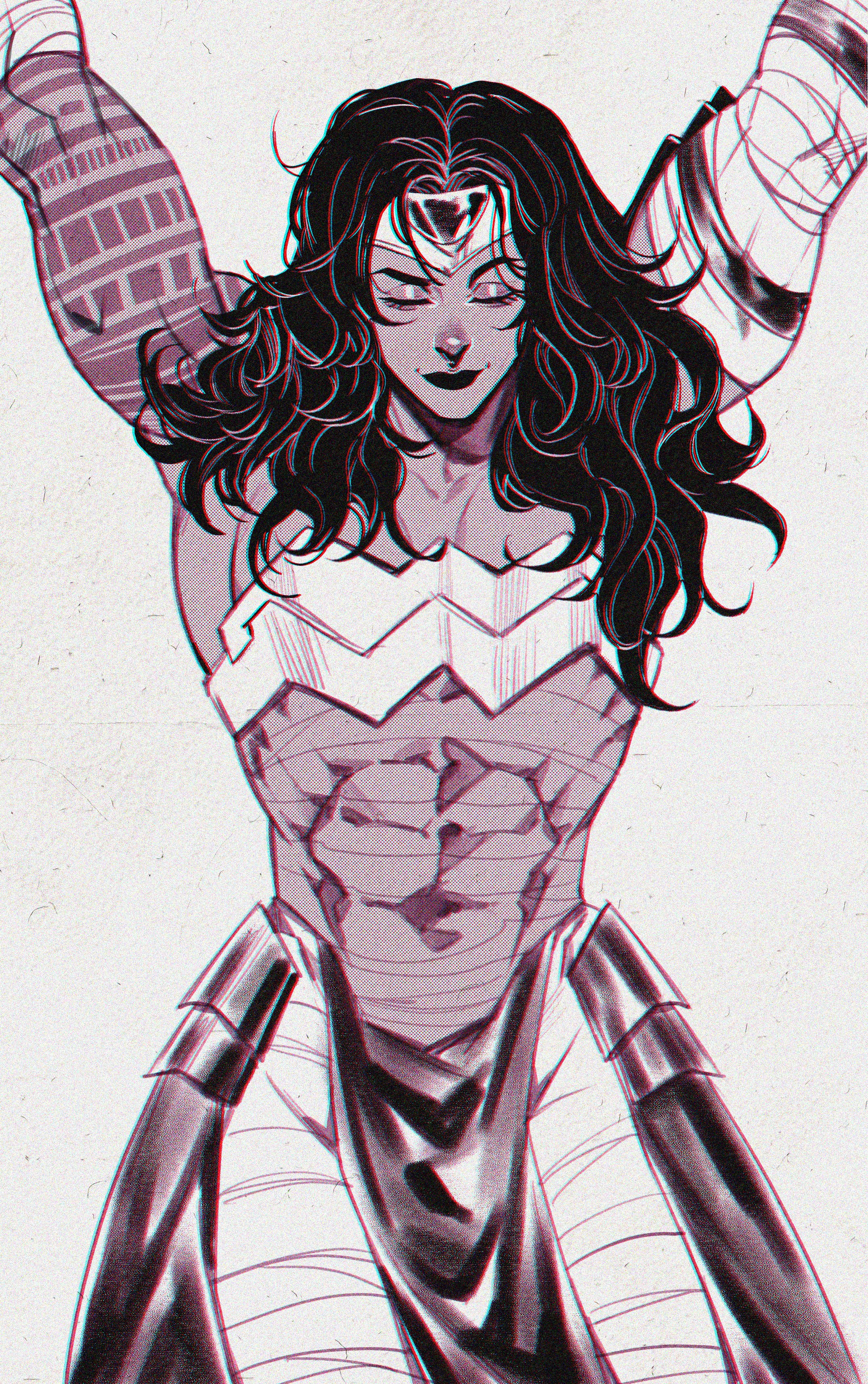 absolute dc, absolute wonder woman, az ciam, black hair, clothed, dc comics, diana of themyscira, female, monochrome, muscular, muscular female, wonder woman, wonder woman (series)