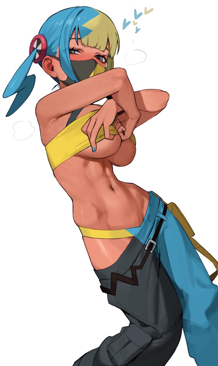 1girls, abs, armpit crease, armpits, baggy pants, belly, belt, blonde hair, blue eyes, blue hair, blue nails, blue-haired female, blush, breasts, canari (pokemon), canary (pokemon), crop top, dark skin, dark-skinned female, ear blush, feet out of frame, female, female only, groin, hair ornament, hands on own chest, heart, hip bones, hip strap, large breasts, mask, midriff, mouth mask, multicolored eyes, multicolored hair, nail polish, navel, nintendo, pants, pocket, pokemon, pokemon legends: z-a, radon1014, radon86 nya, sagging pants, shirt, sidelocks, simple background, solo, split-color hair, standing, steam, stomach, strap, streetwear, toned, toned female, twintails, two-tone hair, two-tone pants, underboob, undressing, yellow eyes, yellow shirt