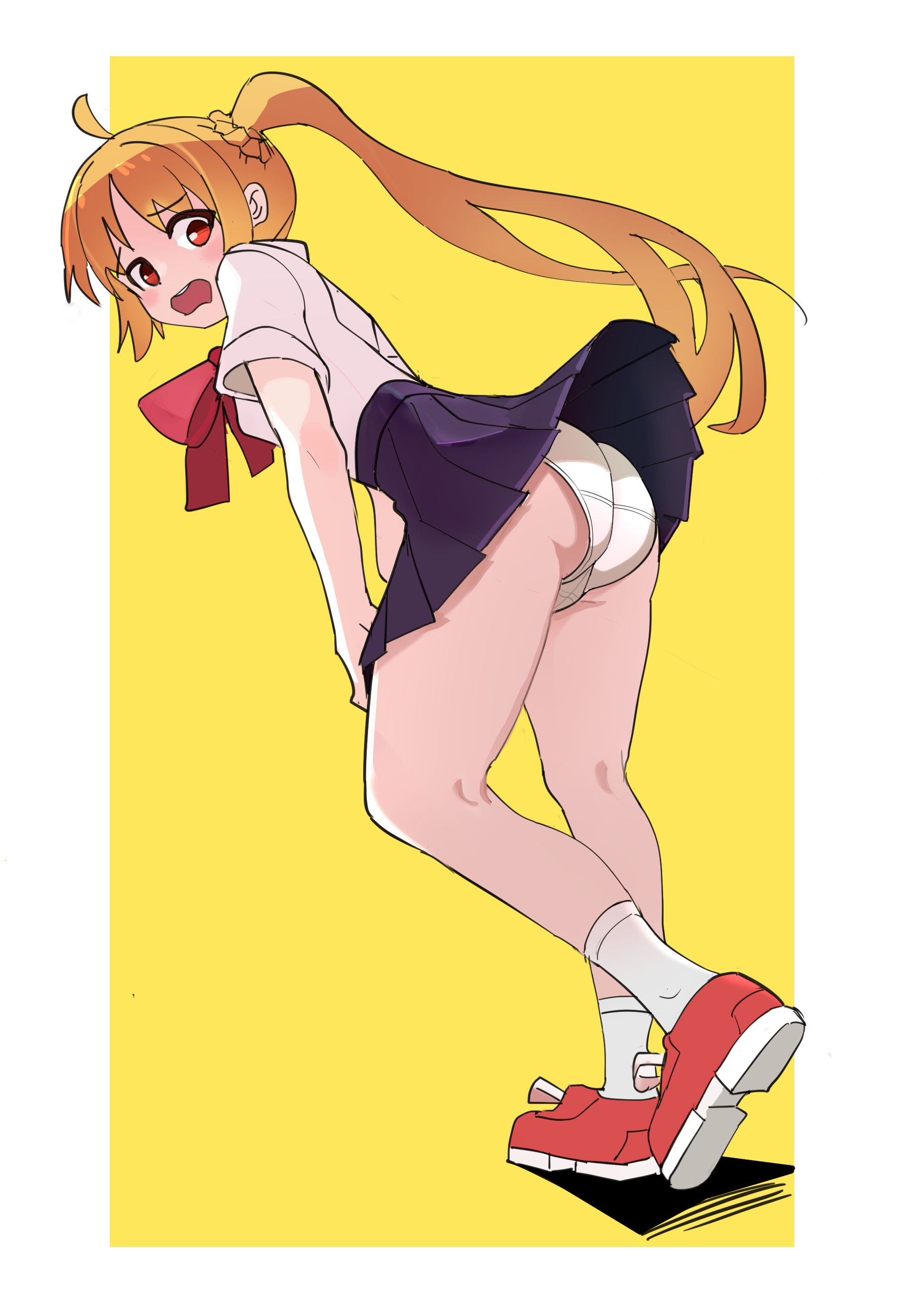 1girls, 2025, accidental exposure, ahoge, ass, bent over, blonde hair, bocchi the rock!, embarrassed, female, from behind, full back panties, ijichi nijika, long hair, looking at viewer, looking back, looking down, panties, red eyes, school uniform, schoolgirl, shirt, shoes, side ponytail, skirt, skirt lift, sneakers, socks, standing, tagme, thick thighs, thighs, trefoil, underwear, upskirt, wardrobe malfunction, white panties, wuming-aaa, yellow hair