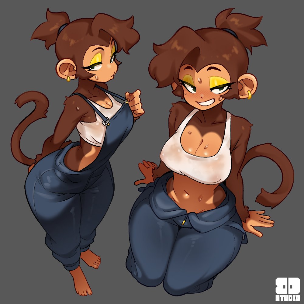 backdoor studio, female, monkey girl, original, overalls, sweat, sweating