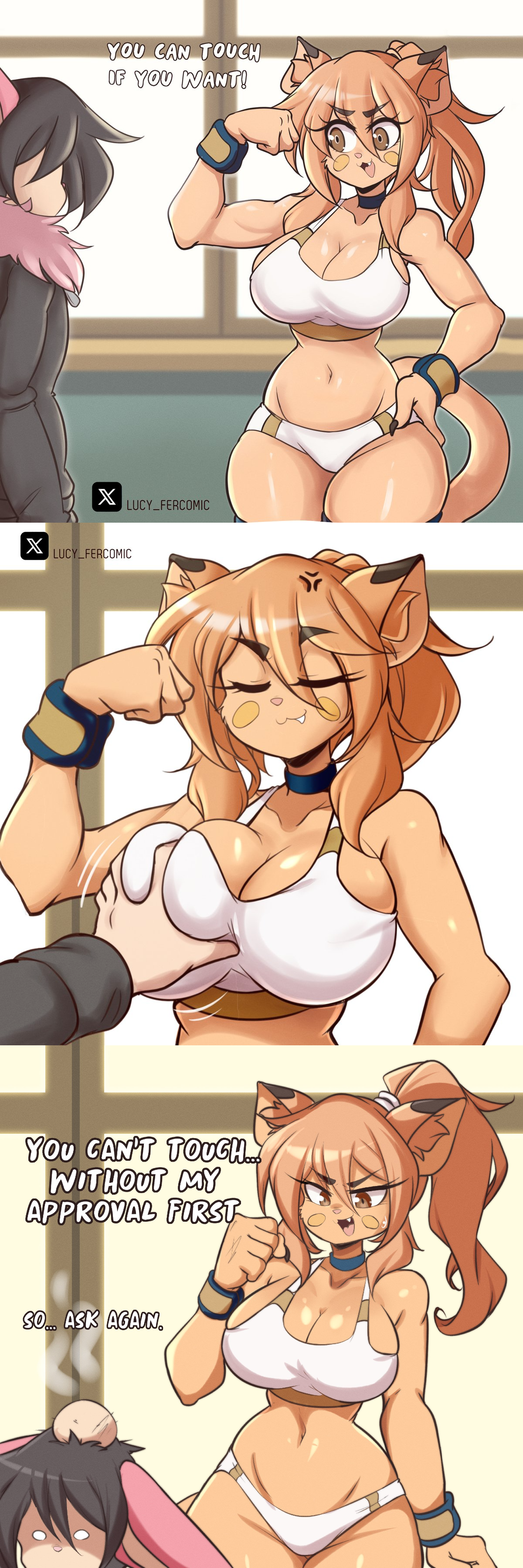 1girls, ambiguous gender, anger vein, anthro, artist name, bad ending, big breasts, breast grab, breasts, can i touch it? (meme), cheek tuft, choker, cleavage, closed eyes, cute fang, ear tuft, female, flexing, furry, go on feel it (meme), goya (lucyfercomic), huge breasts, lucyfercomic, original, roy (lucyfercomic), shiny skin, smile, smug, tagme, thick thighs, vein, wide hips