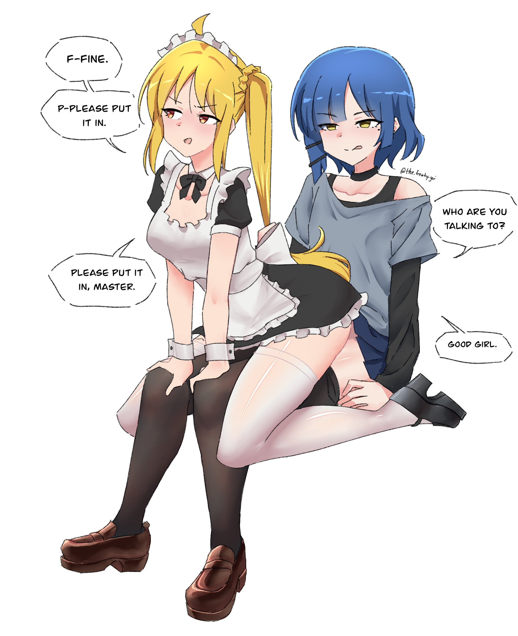 blonde hair, blue guy, blue hair, bocchi the rock!, dialogue, english text, female, futa on female, futanari, genderswap (ftm), ijichi nijika, intersex, lap sex, maid uniform, open mouth, rule 63, sitting on lap, speech bubble, stockings, text, the freakin' yui, thighhighs, uniform, white background, yamada ryou, yellow eyes