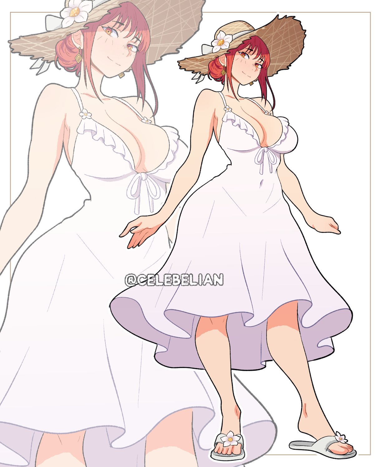 1girls, belly, belly button, big breasts, breasts, celebelian, chainsaw man, cleavage, clothed, clothed female, clothing, female, female only, makima (chainsaw man), orange eyes, red hair, sandals, smile, smiling, solo, solo female, straw hat, sun hat, sundress, watermark, white dress