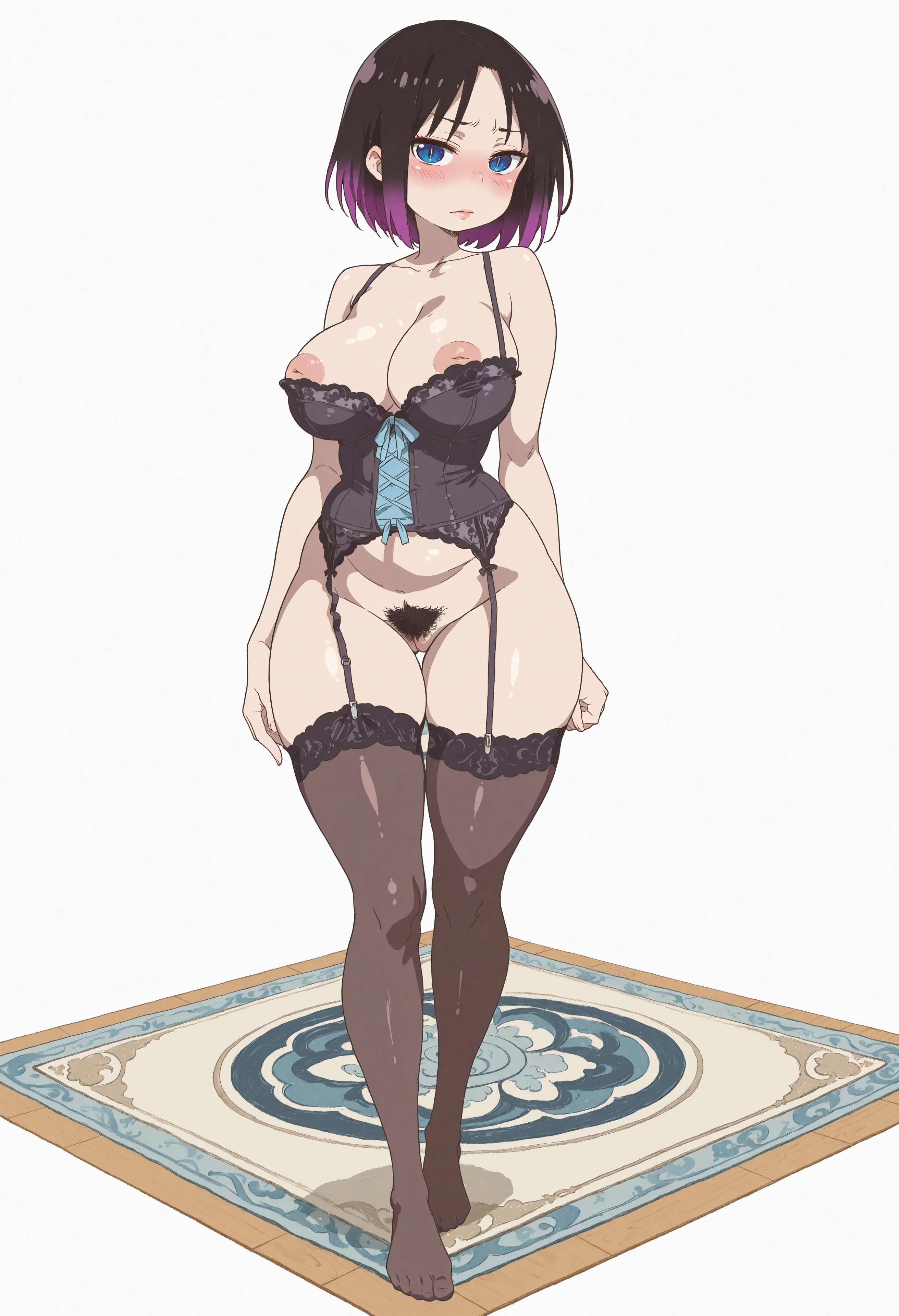 ai generated, black hair, blue eyes, blushing, breasts, carpet, civitai, curvy, curvy body, curvy female, curvy figure, curvy hips, czero2011, elma (dragon maid), excessive pubic hair, exposed breasts, exposed nipples, exposed pussy, female, female only, female pubic hair, flustered, garter belt, garter straps, inverted nipples, kobayashi-san chi no maidragon, large breasts, miss kobayashi's dragon maid, multicolored hair, partially clothed, partially nude, plump lips, pubic hair, puffy areola, purple hair, pussy, sexy pose, short hair, shy, simple background, slit pupils, solo, solo female, solo focus, standing, stockings, thick thighs, underbust corset, wide hips