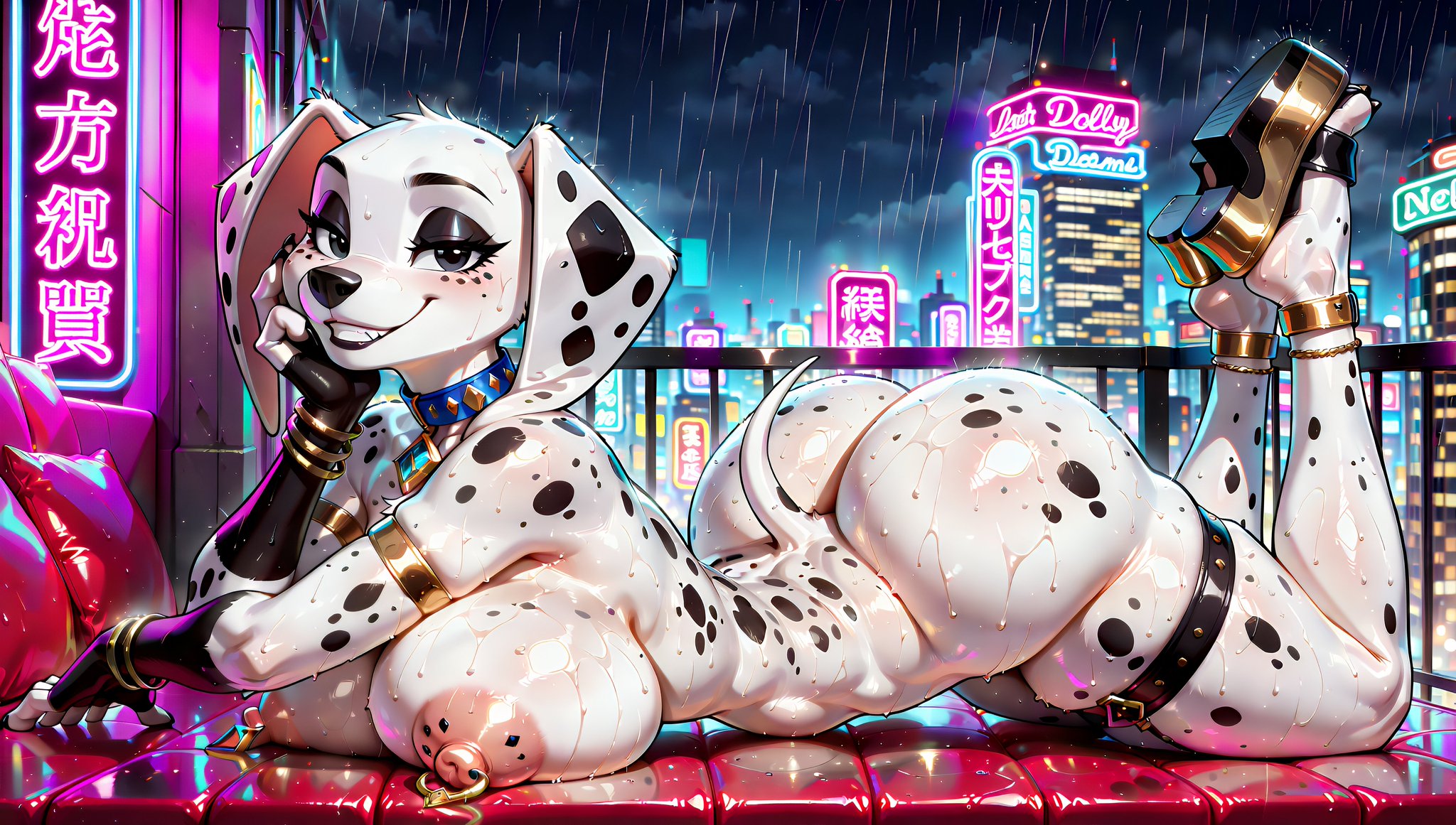 101 dalmatian street, 101 dalmatians, 1girls, 2025, 2025s, ai art, ai assisted, ai generated, ai-created, anthro, anthro female, anthrofied, areola, areolae, ass, big ass, big breasts, big butt, black eyes, blue sky, blush, breasts, building, buildings, butt, canid, canine, canis, close-up, cloud, clouds, dalmatian, disney, dog, dog ears, dog girl, dog humanoid, dog tail, doggirl, dolly (101 dalmatians), domestic dog, feet up, female, female anthro, female focus, female only, footwear, fur, furry, furry female, hi res, high quality, high resolution, highres, huge areola, huge areolae, huge ass, huge breasts, huge butt, huge thighs, illustrious (stable diffusion), large breasts, legs up, looking at viewer, lying, mammal, massive ass, massive breasts, massive butt, massive thighs, neon lights, night, night sky, nighttime, nipple piercing, nipples, outdoors, outside, pierced ears, pierced nipples, pink areola, pink areolae, pink inner ear, pink nipples, platform sandals, pony diffusion (model), pony diffusion xl, puffy nipples, rain, raining, seductive, shiny fur, shoes, sky, smile, smiling at viewer, solo, solo female, solo focus, stable diffusion, suggestive pose, synthneon, tail, teeth, thick thighs, thighs, voluptuous, wet body, wet breasts, wet fur, white body, white fur, white tail, wide hips