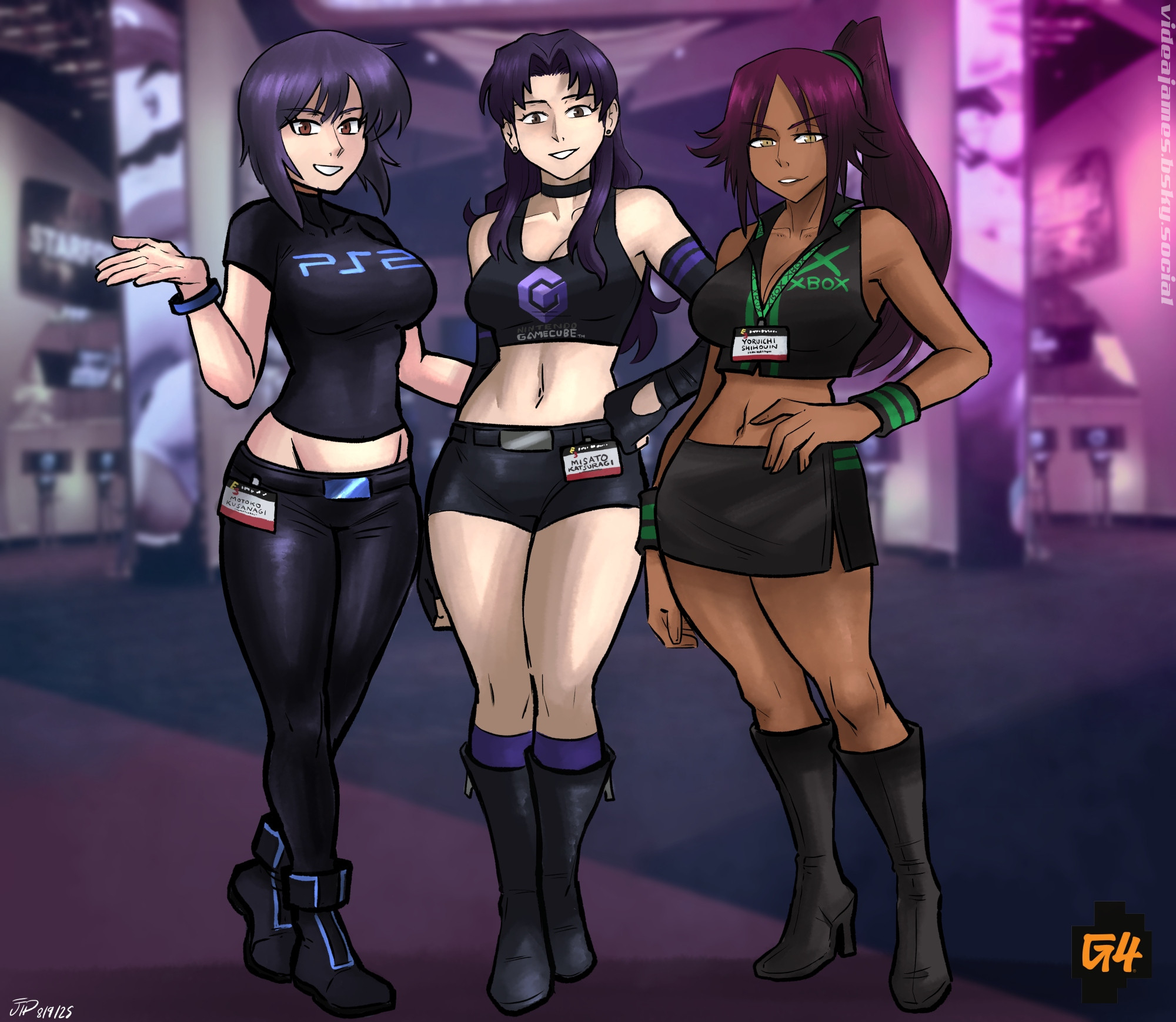 2d, 2d (artwork), 3girls, artist name, big breasts, black choker, black pants, black shoes, black shorts, black skirt, bleach, booth babe, breasts, choker, clothes writing, color connection, convention, crop top, crossover, curvy, dark skin, dark-skinned female, dated, female, female focus, female only, full body, game console, gamecube, ghost in the shell, hair color connection, highres, id card, indoors, kusanagi motoko, lanyard, light-skinned female, long hair, looking at viewer, midriff, misato katsuragi, multiple females, multiple girls, navel, neon genesis evangelion, nintendo, nintendo gamecube, pants, playstation, playstation 2, ponytail, public, purple hair, sfw, shihouin yoruichi, shiny skin, shoes, short hair, shorts, skirt, smile, smiling at viewer, standing, trait connection, videajames, wide hips, wristband, xbox, xbox logo, yellow eyes