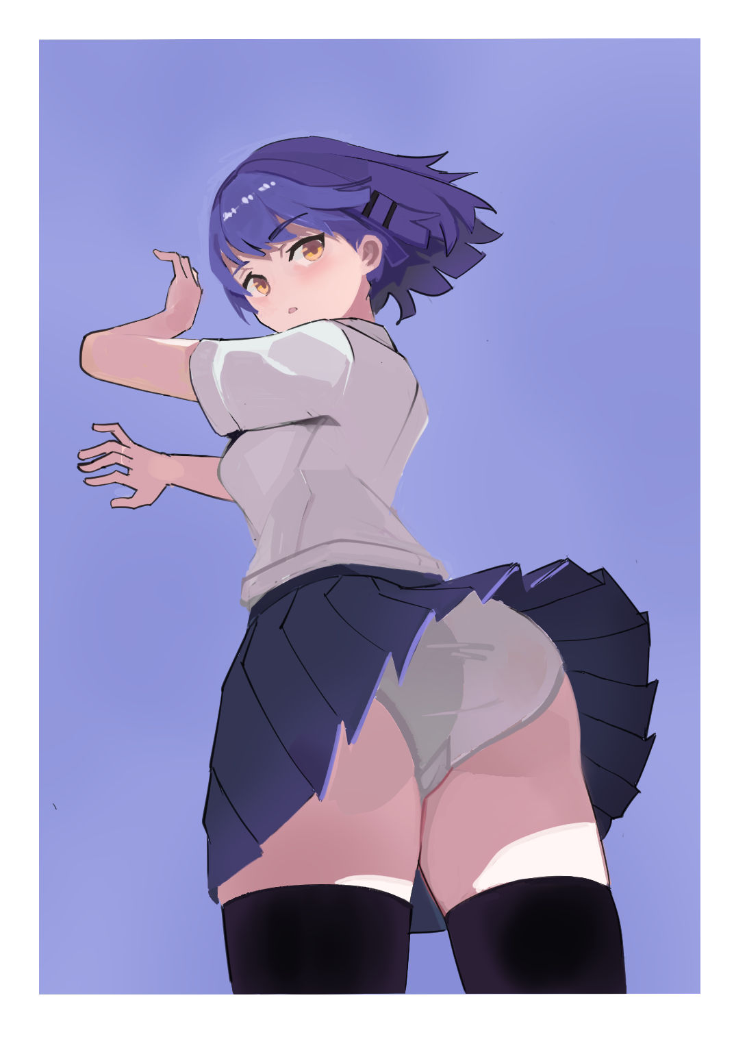 1girls, 2025, ass, blue hair, bocchi the rock!, female, from behind, from below, looking at viewer, looking back, panties, short hair, skirt, skirt lift, standing, tagme, thighhighs, thighs, white panties, wuming-aaa, yamada ryou, yellow eyes