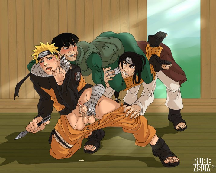 3boys arm_around_neck black_hair blonde_hair cock_hungry crossed_legs cum_dripping cum_hungry erection fighting forehead_protector handjob holding_penis holding_weapon horrible_anatomy human hyuuga_neji knife legs_around_head long_hair male male_only multiple_males naruto open_toe_shoes pants_down penis rock_lee rubensum tongue_out unzipped_pants uzumaki_naruto whisker_markings yaoi