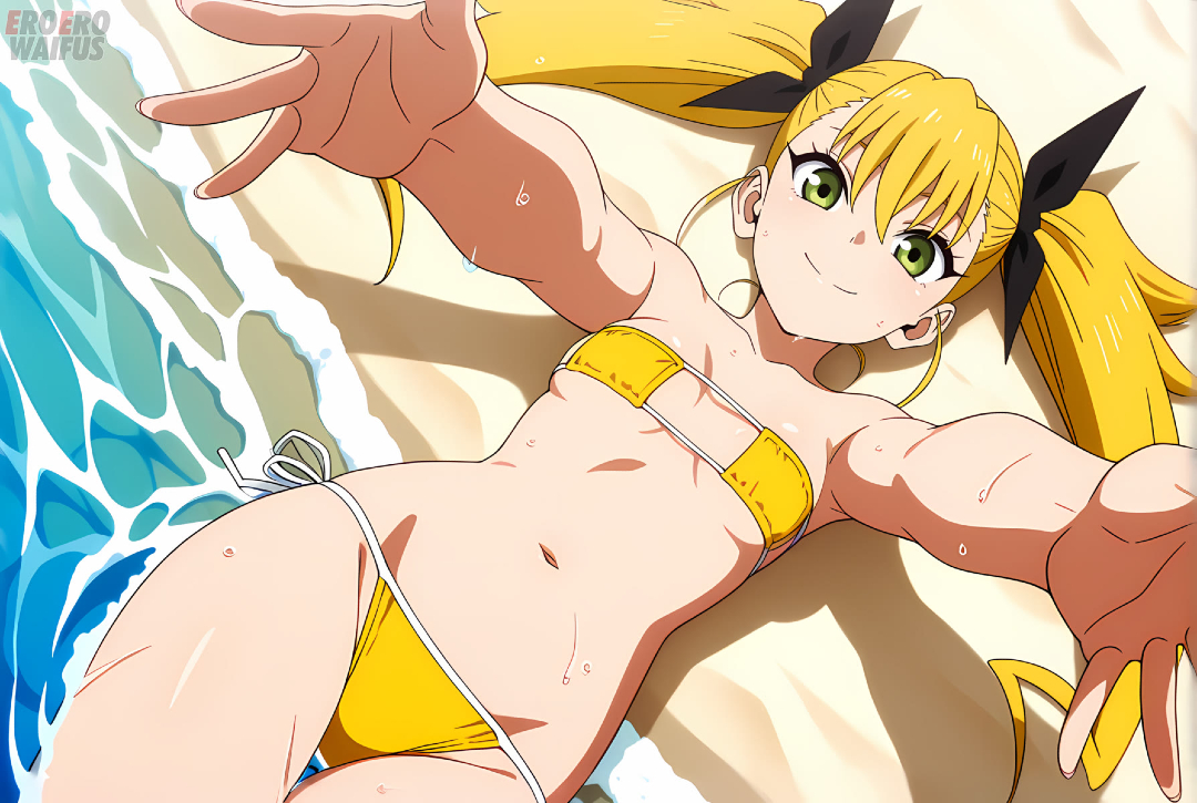 ai generated, bare thighs, beach, bikini, blonde hair, breasts, curvaceous, curvy female, eroero waifus, female, green eyes, hair ribbon, huge thighs, kaiju no.8, kikoru shinomiya, light skin, light-skinned female, looking at viewer, shounen jump+, small breasts, smiling, solo female, squatting, sweat, sweatdrop, thick thighs, thighs, twintails, voluptuous, voluptuous female
