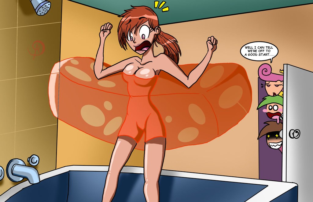 bathtub breasts canonical_scene cosmo english_text female frostbiteboi jello jelly male nickelodeon nude shower slime straight_hair surprised text the_fairly_oddparents timmy_turner vicky vicky_(fairly_odd_parents) voyeur wanda