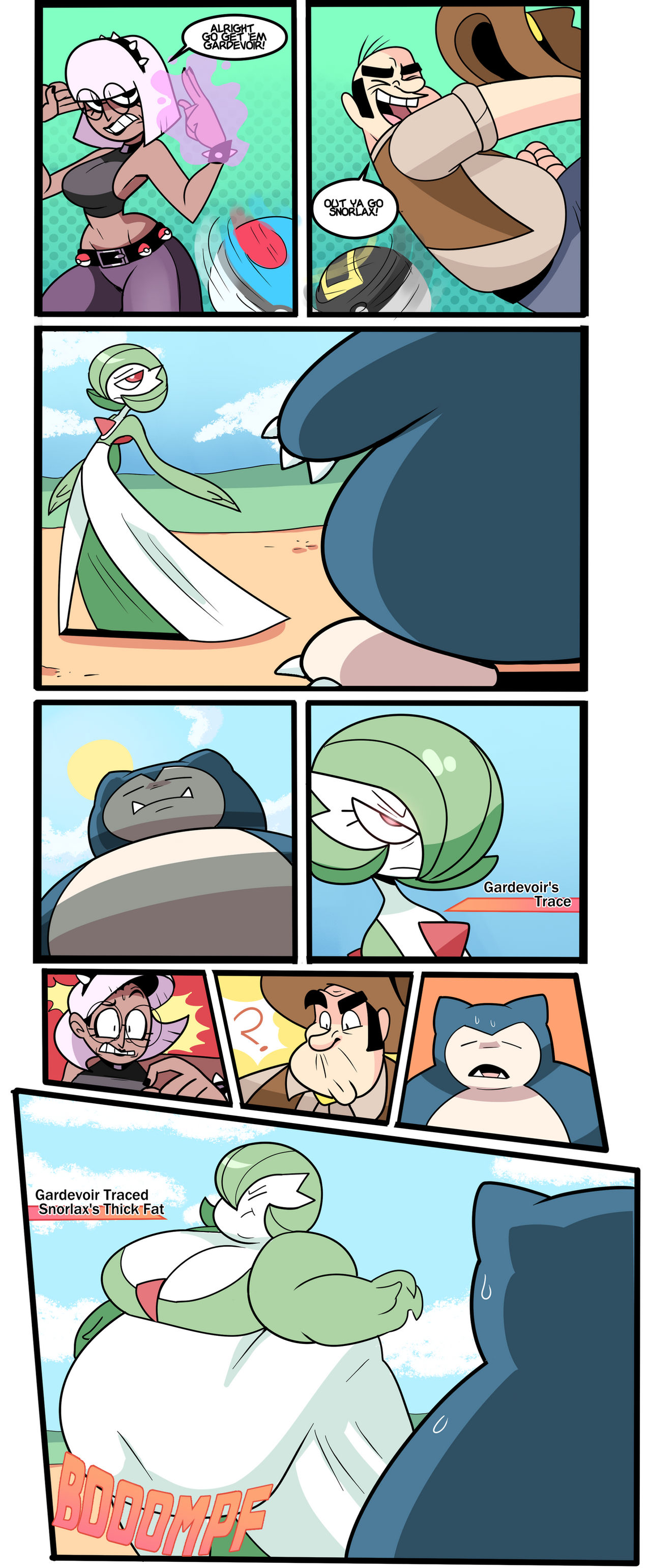 1boy, 2girls, bbw, big breasts, breast expansion, breast growth, breast growth (enlargement), breasts, confusion, fat, fat belly, fat female, fat fetish, female, gameplay mechanics, gardevoir, male, multiple females, multiple girls, overweight, overweight female, pokemon, pokemon ability, pokemon rse, snorlax, sudden weight gain, superspoe, weight gain, weight gain female